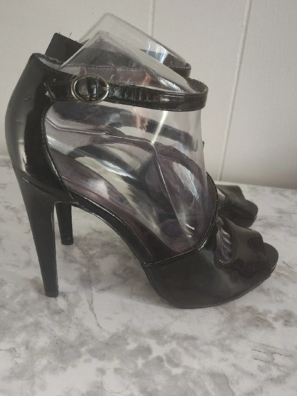 Audrey Brooke Black Patent Peep-Toe Ankle-Strap Heels